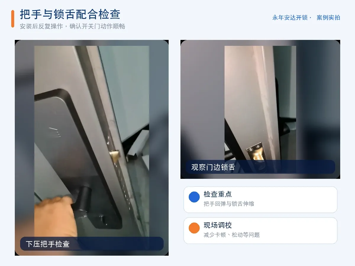 师傅检查智能锁把手和锁舌配合