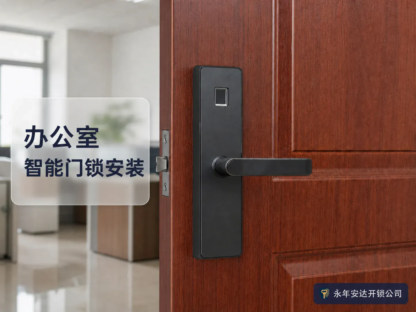 办公室木门安装黑色智能指纹锁，画面文字为办公室智能门锁安装