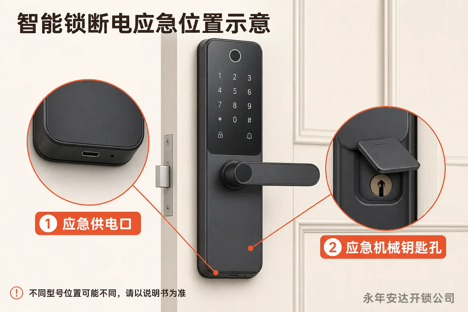 智能锁外面板应急供电口和应急机械钥匙孔位置示意图